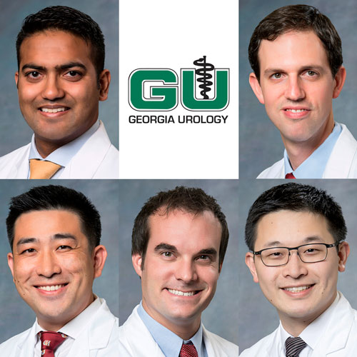 Headshots of five Georgia Urology doctors and the GU logo.