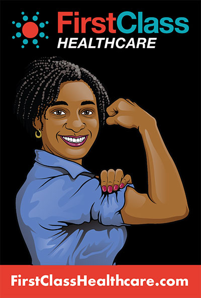 First Class Healthcare ad with woman flexing her muscles